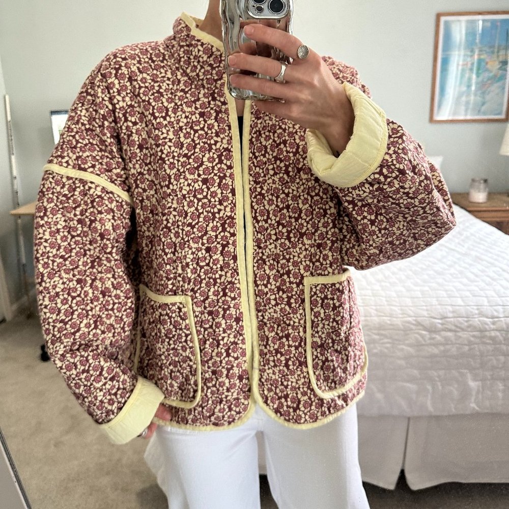 Free People Floral Quilted Jacket - Burgundy and Yellow